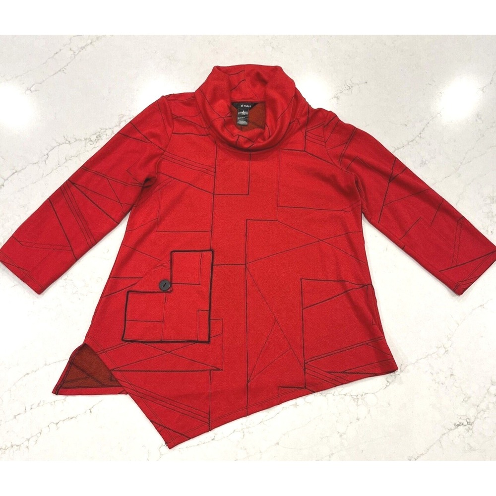 Ali‎ Miles Medium Red Black Art to Wear Knit Tunic Top Abstract Lagenlook Artsy